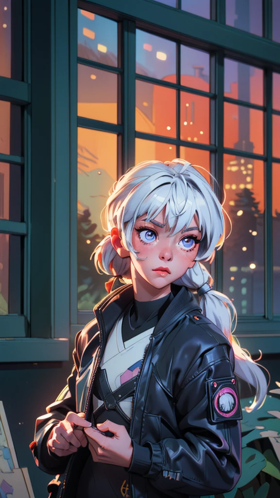 masterpiece, best quality, 4k, UHD, mishoujo, beautiful eyes and detailed face, illustration, beautiful detailed, high resolution illustration, glowing_white_particles, 1girl, white hair, light purple eye, hair over one eye, short side tail, baseball cap, expressionless, window shade, black jacket, chest rig, cyberpunk, techwear, (Impressionism:1.4), mid body portrait, cyberpunk city background, back against the wall, looking over the other side