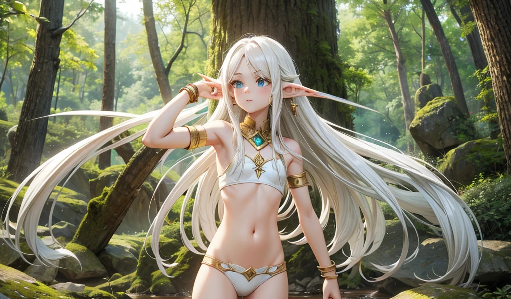 White long hair, pointed ears, flat chest,earrings,Female elves,,Bare arms,underwear,Bracelet,Boulders,woods