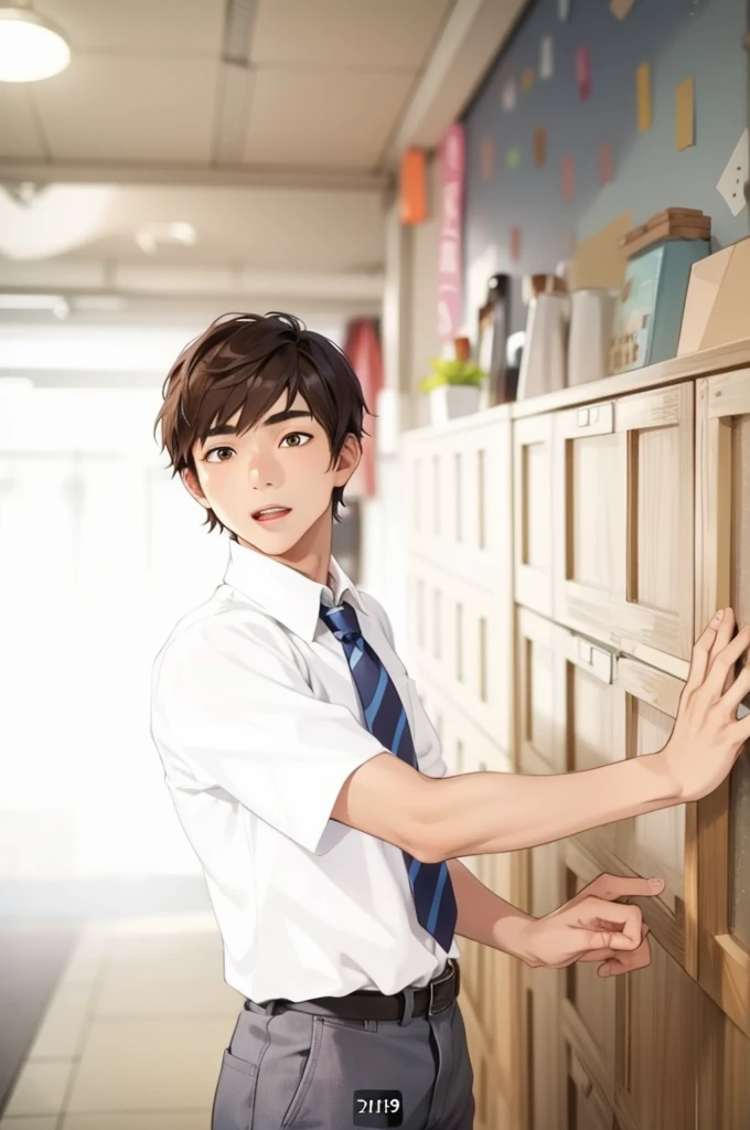 young Thai man, 19 years old, with brown hair and brown eyes, look if no one is watching him, he's running away from school.