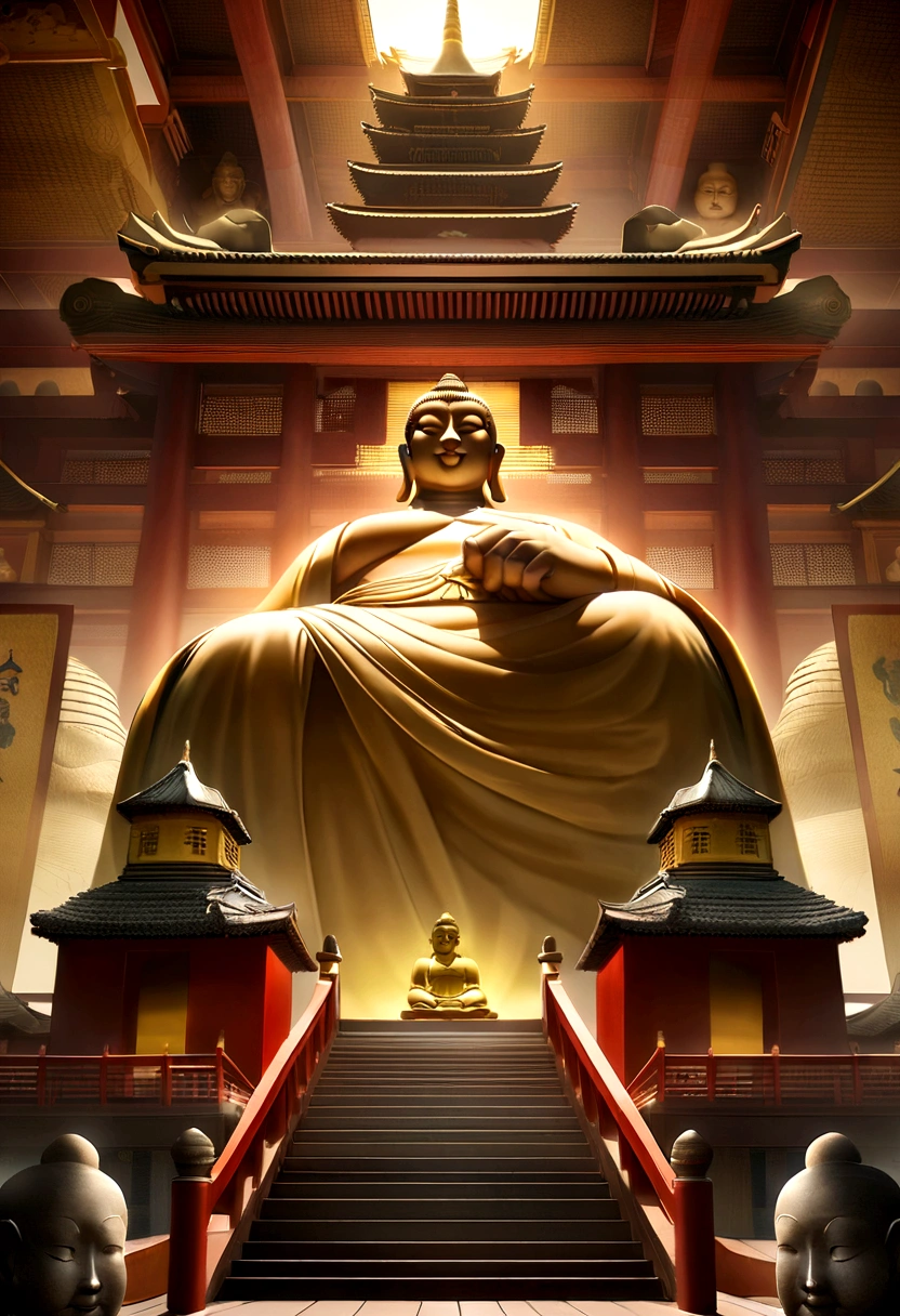 Giant stone Buddha,There are stairs leading there, a Buddhist Buddha, Zen temple background, Buddha教, Pagoda Figures, Buddha, Buddha教徒, Temple Background, Background artwork, Inspired by Kaigetsudo Andi, Buddha教艺术, Buddha, Beautiful rendering of the Tang Dynasty, 4k highly detailed digital art, Asian Ultra Detailed