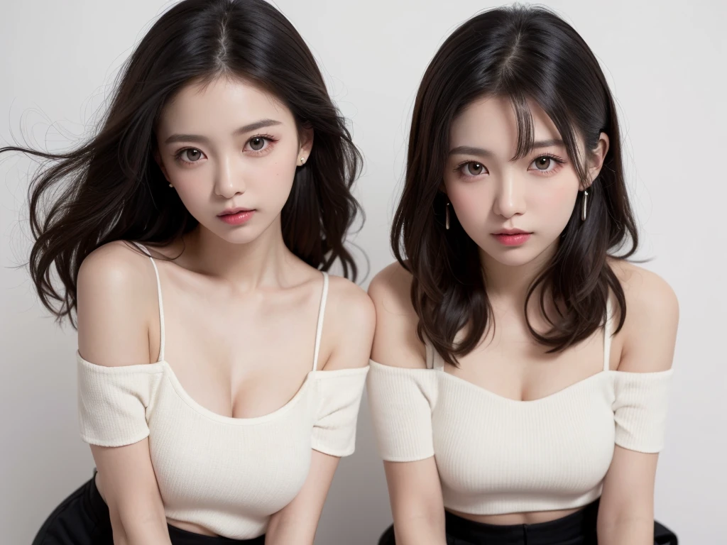 (((forehead、Northern Europe、White people、beautiful girl、Black Hair、White background、Tank top、Off-the-shoulder blouse、mini skirt、long hair、Perm)))、table top, highest quality, figure, super detailed, finely, High resolution, 8k wallpaper, Perfect dynamic composition, detailed and beautiful eyes, Deco out,bionde, super big breasts, Natural color lip,white background, random cute poses,