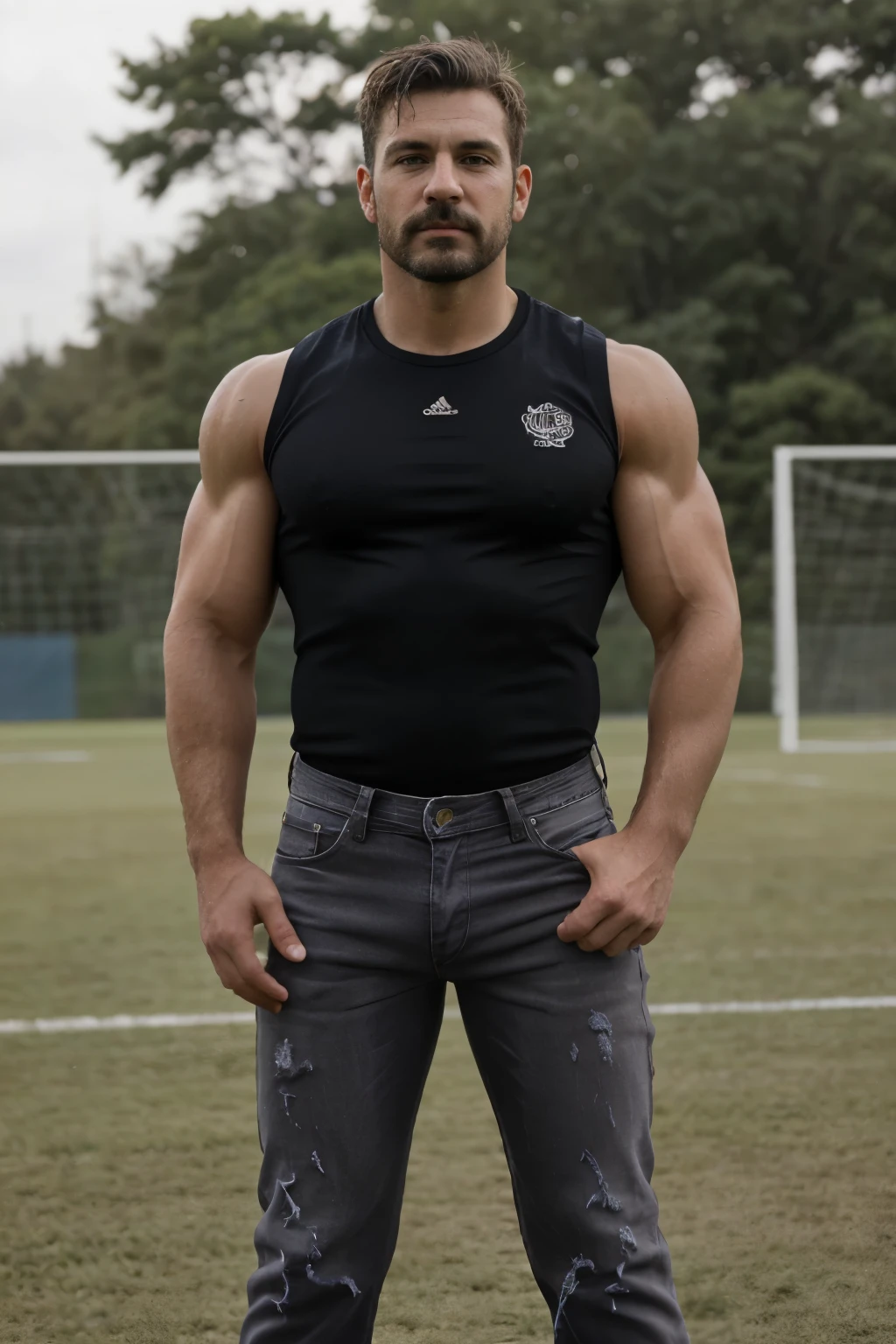(((Muscular man))) masterpiece, best quality, high resolution, closeup portrait, male focus, solo focus, A man, 50 years old, grey hair, soccer player, football player, grey silver hair, messy hairstyle, cute and seductive face, bare chest, body hair, facial hair, roman nose, , hairy legs, cute, dimples, goatee and mustache, bold jawline , full body, sweaty, in the background an outdoor soccer football field, amazing composition, , HDR, ultra quality, elegant, highly detailed,, beautiful asd, realisric male genitalia (((Big muscles))) (((black jeans)))