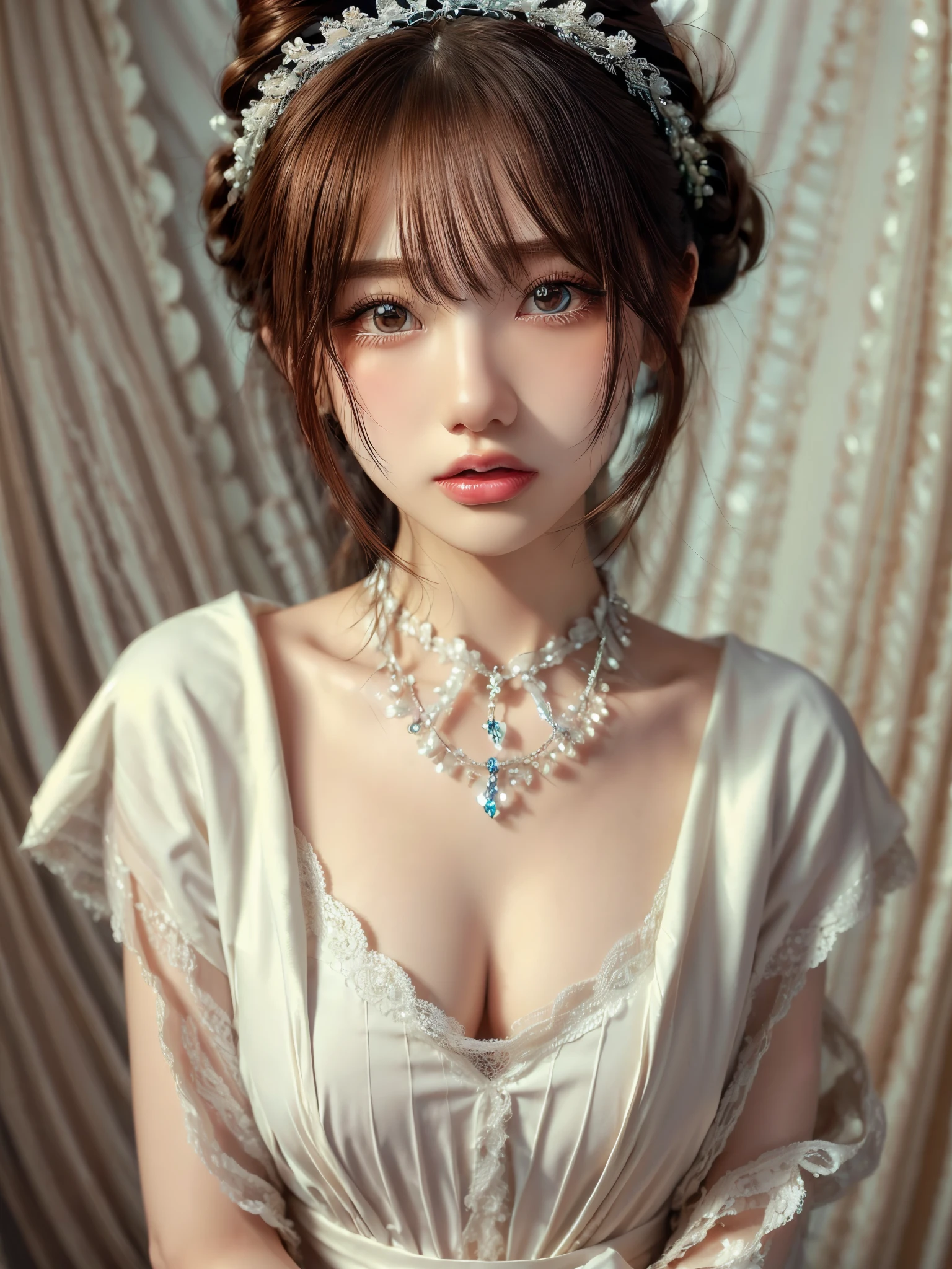 ((Highest quality)),(Ultra-high resolution),(Very detailed),(Detailed Description),((The best CG)),(masterpiece),Very detailedなアート、Small breasts、Whitening 1.5、Clear skin quality、(((Maid uniform 1.5)))、(((1.5)))、Ribbon hair ornament、(((Bun hair 1.5)))、(((1.5)))Tying up hair、Glitter Necklace、Ultimate Beauty 1.5、((( 1.5)))、Open your mouth、