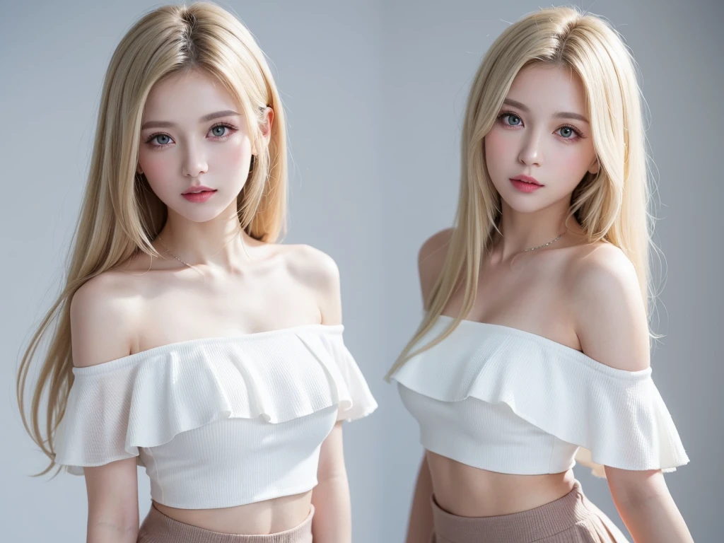(((forehead、White Blonde Hair、Northern Europe、White people、beautiful girl、Blonde、White background、Tank top、Off-the-shoulder blouse、mini skirt、long hair、Perm)))、table top, highest quality, figure, super detailed, finely, High resolution, 8k wallpaper, Perfect dynamic composition, detailed and beautiful eyes, Deco out,bionde, medium hair, super big breasts, Natural color lip,white background, random cute poses,frill dress