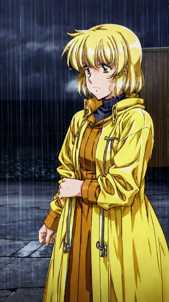 A woman standing in a heavy rainstorm, wearing a bright yellow raincoat. The wind is blowing fiercely, and the raincoat flaps in the wind. The background is dark and stormy with heavy rain pouring down, and the woman is slightly hunched, bracing against the strong wind and rain.