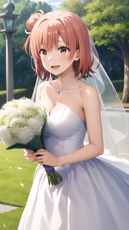 masterpiece, best quality, highres, aayui, short hair, single hair bun, red eyes, breasts, wedding dress, white dress, strapless, cleavage, smile, open mouth, holding bouquet, confetti, garden