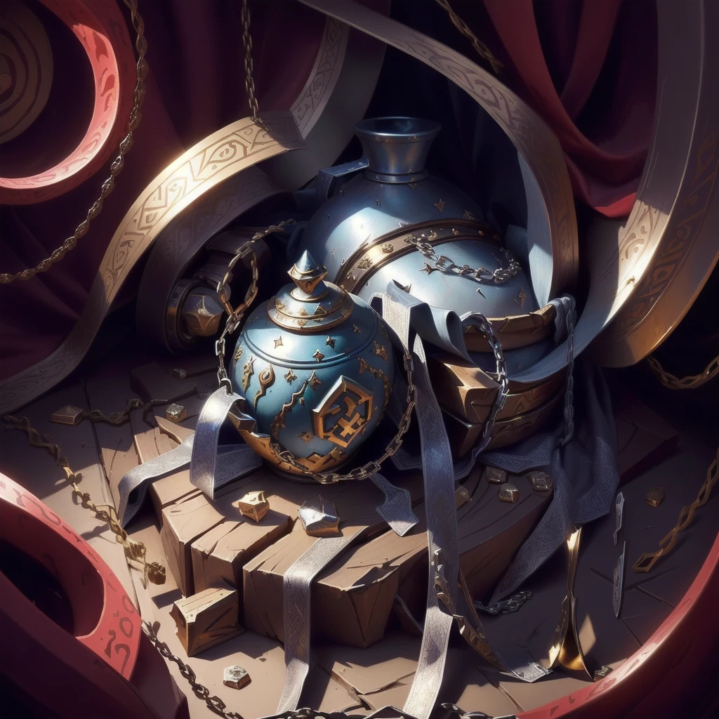 there is a large silver object with chains around it, upturned ornate chalice, painting of one health potion, item art, 8k hd wallpaper jpeg artifact, hd 8k wallpaper jpeg artifact, overturned chalice, hearthstone weapon art, painted in the style arcane, Original Heartstone art style, object conceptual art