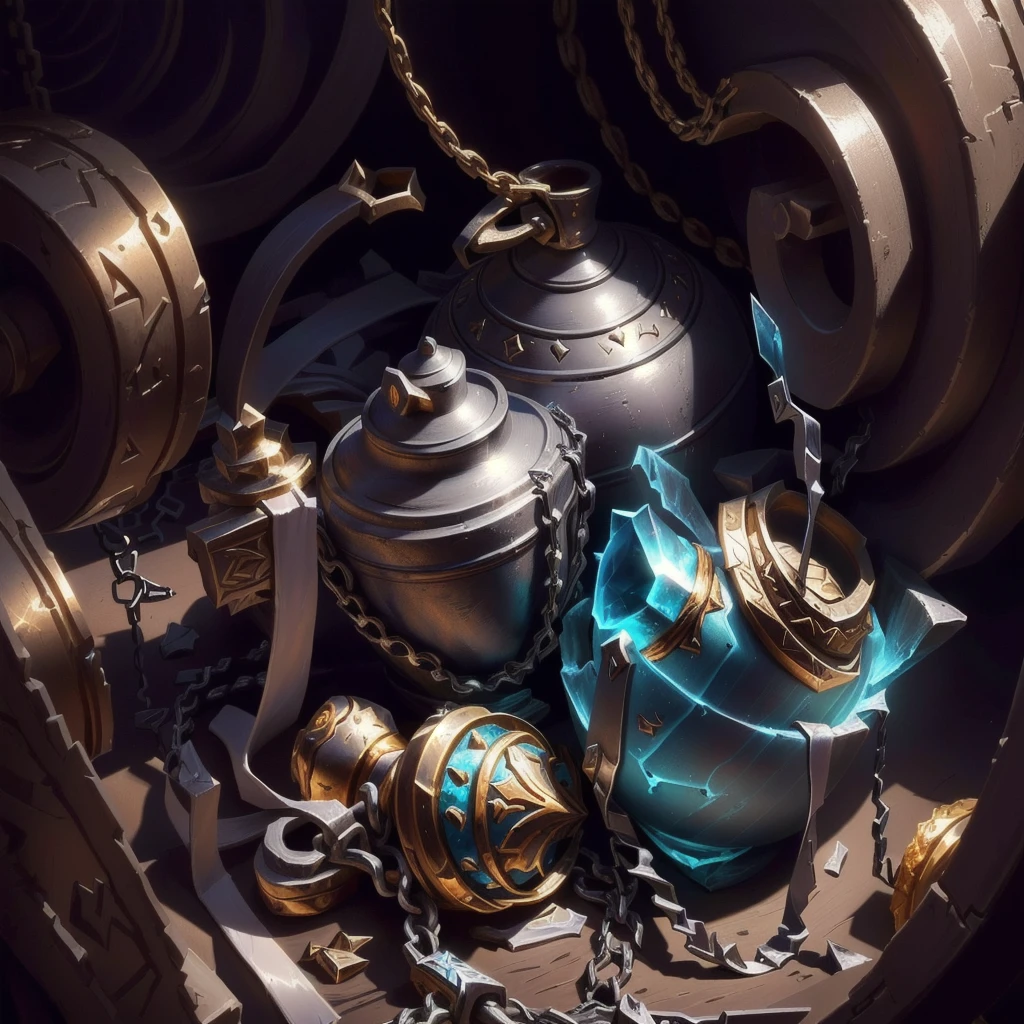 there is a large silver object with chains around it, upturned ornate chalice, painting of one health potion, item art, 8k hd wallpaper jpeg artifact, hd 8k wallpaper jpeg artifact, overturned chalice, hearthstone weapon art, painted in the style arcane, Original Heartstone art style, object conceptual art