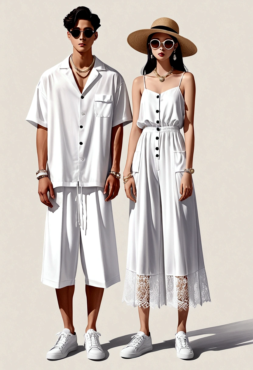 candid fashion illustration of young Asian man and woman, both aged 20 year old, ((showcase fashion look book in a White rayon outfits)), inspired by Zara's resort collection 2020 in elegant young bohemian style. The man wears an oversized short-sleeved bowling white shirt with a pocket details, paired with relaxed-fit white Sports Wide Leg Shorts Baggy short and Drawstring, He completes his look with white sneakers, sunglasses and  bracelet. The woman complements him in a white Ankle-length dress in a rayon with delicate lace insets, V-shaped neckline, covered buttons down the front and an open section, spaghetti shoulder straps, Gathered tiers down the skirt and a scalloped hem,  Her ensemble includes an accessorizes with a wide-brimmed straw hat, white sneakers and necklace. Captured in a low angle, ((full-body image)), ((blank background)), sketching, realistic charcoal lines, imperfect drawing, fading sketch, fashion look book, fashion illustrator, sketch design,