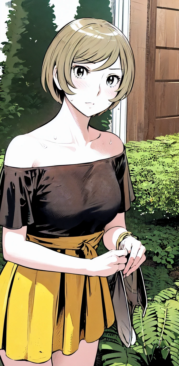 、(masterpiece、Highest quality)、Highest quality, Ultra-high resolution, (((masterpiece))), alone, Sweat、Big eyes,Show Viewer, 
blonde,(short hair:1.2), (Highest quality:1.3),One Girl,Private Server、Floral dress、nature、Off the shoulder、Embarrassed face