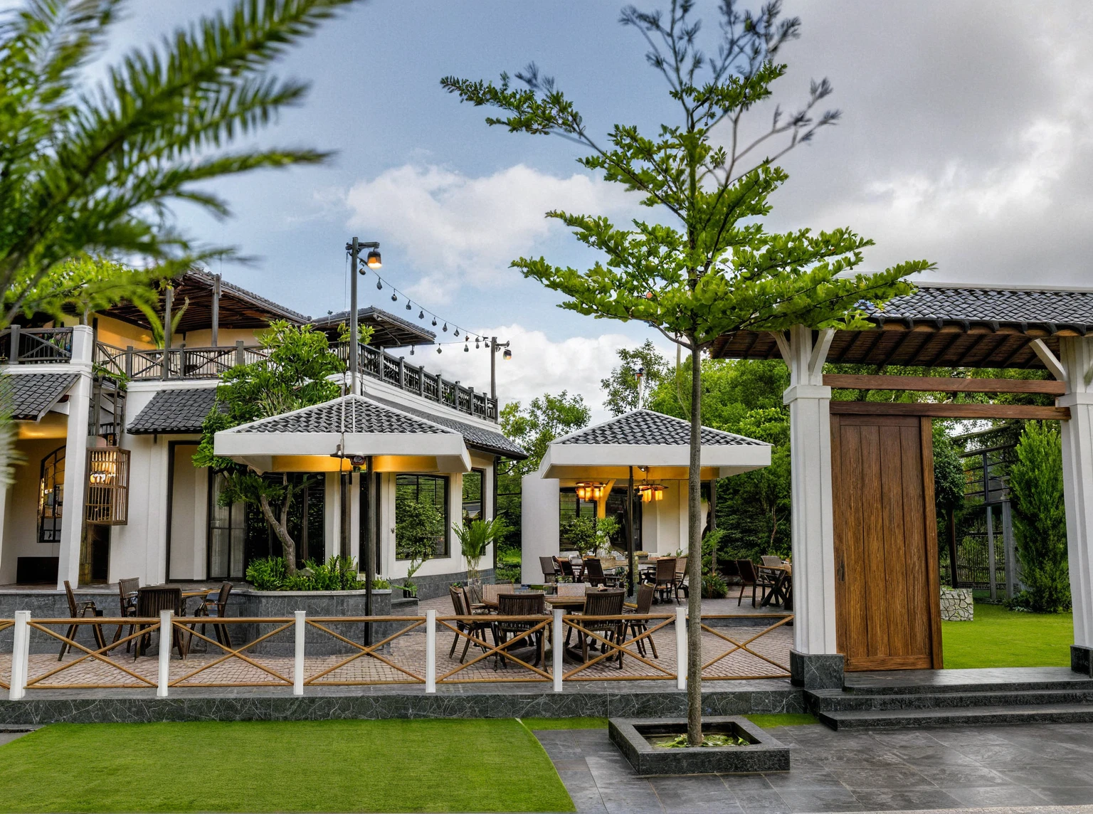 Raw photo,Masterpiece, high quality, best quality, authentic, super detail,
exterior, outdoors, house style indochine on the street ,aiaigroup
road,pavement, grass, trees, sky, cloud, (day:1.1)