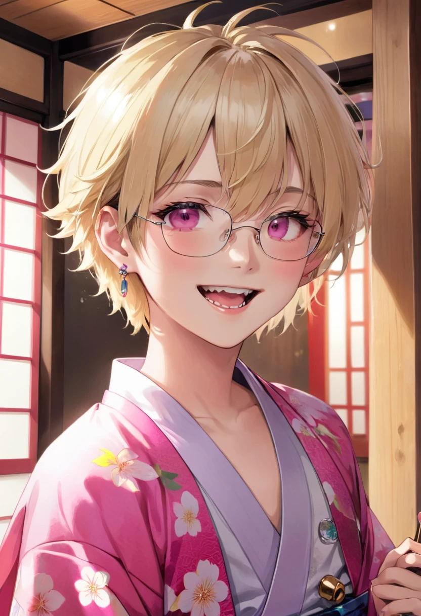 solo, looking at viewer, smile, short hair, open mouth, bangs, blonde hair, 1boy, jewelry, upper body, male focus, earrings, japanese clothes, glasses, teeth, tongue, indoors, tongue out, pink eyes, kimono, piercing, ear piercing, portrait, tongue piercing, blinds