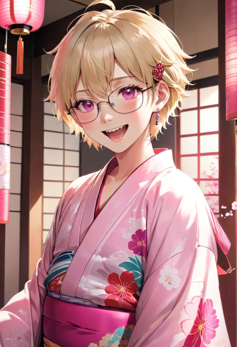 solo, looking at viewer, smile, short hair, open mouth, bangs, blonde hair, 1boy, jewelry, upper body, male focus, earrings, japanese clothes, glasses, teeth, tongue, indoors, tongue out, pink eyes, kimono, piercing, ear piercing, portrait, tongue piercing, blinds