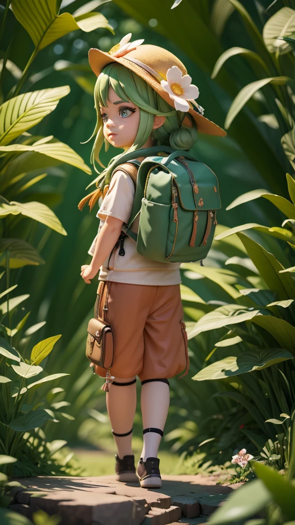 There is a poster of a cartoon character wearing a hat and a backpack., Female Explorer Mini Cute Girl, walking in a wilderness, Flower Jungle, Animation-style rendering, Cute 3D rendering, small character. Unreal Engine 5, Stylized anime, Cute and detailed digital art, Atei Gailan 8K, Stylized 3D rendering, Adventure surreal rendering, Anime style 3D, 3D rendering style