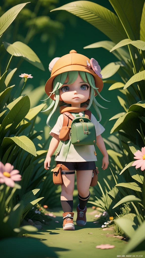 There is a poster of a cartoon character wearing a hat and a backpack., Female Explorer Mini Cute Girl, walking in a wilderness, Flower Jungle, Animation-style rendering, Cute 3D rendering, small character. Unreal Engine 5, Stylized anime, Cute and detailed digital art, Atei Gailan 8K, Stylized 3D rendering, Adventure surreal rendering, Anime style 3D, 3D rendering style