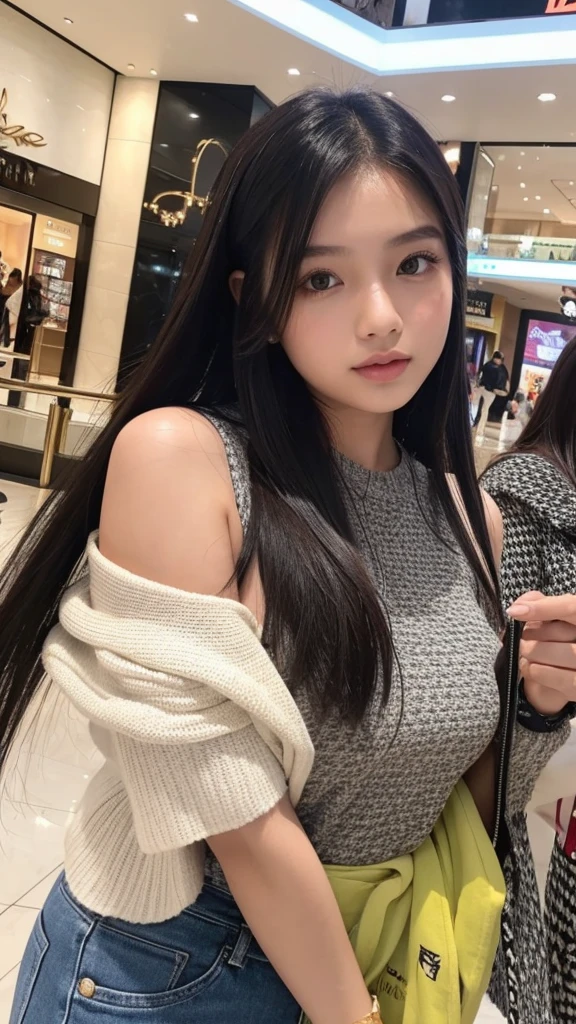 Indonesian girl 20-year-old  Hairstyle Casual, wearing  fashion rich clothes in mall selfie with her friend