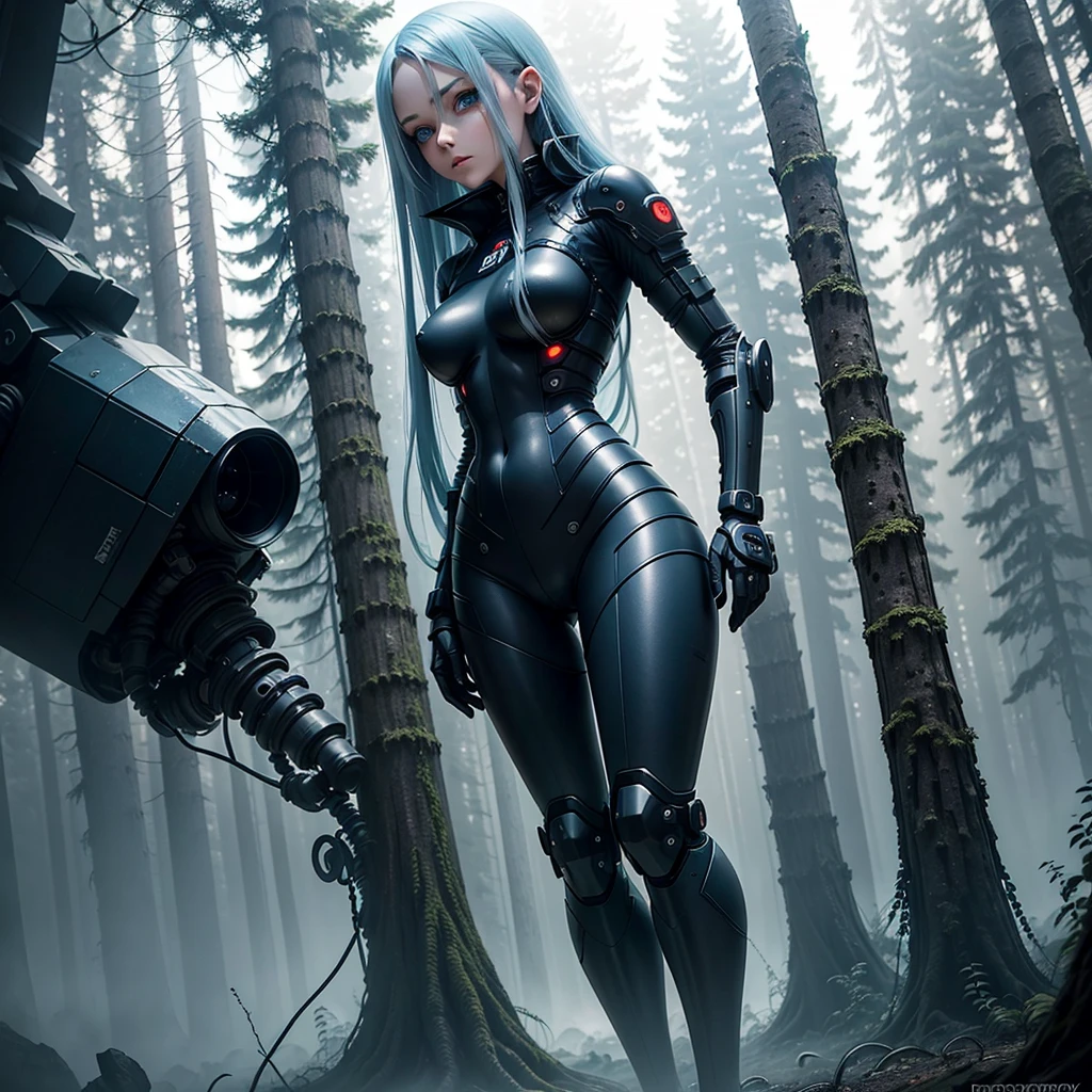 Android girl in the forest mechanical prosthetics gloomy with long blue hair woman with sexy wide hips half cyborg prosthetic arms and legs Beautiful girl blue eyes stands at full height Anime Style black background image gloomy smoke and fog against the background of trees