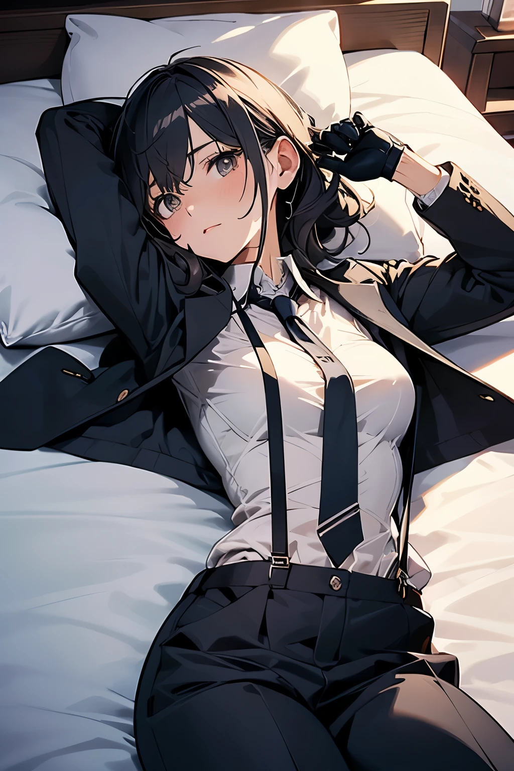 Suit,Collared shirt,Belt bag,Suspenders Black Miniskirt、garterbelts　、knee high　、stocking rack stockings　、Colorcon armpit sweat　、sweat, Side of both hands,Black tank top,Gaze,Colossal tits,Armpit sweat,Exposing the armpits"Tight clothes、raise two hands、Lying in bed、　Behind the back、Forehead Center