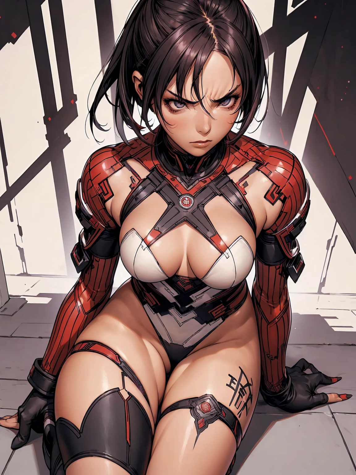 (((best qualityer))), (((perfectbody))), (((1girl))), She is beautiful and deadly, electric powers, lightning comes out of your hands, sparks run through your body, She wears a modern future superhero outfit, your eyes have a red iris, your hair is red pulled back, breasts big, love the league, (((red and white checkered pattern clothing, Long black boots up to half bare thigh, long black gloves with 3 red stripes, pose de atitude, sexly, Sauvage, expression of hate, Angry, in the background a wall with intricate graffiti done by Shepard Fairey