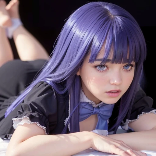 (8K, RAW photo, best quality, masterpiece:1.2),(realistic, photo-realistic:1.4),(extremely detailed 8K wallpaper),(1girl),(beautiful detailed eyes),(beautiful detailed lips),(extremely detailed eyes and face),(long eyelashes),Frederica Bernkastel,purple hair,dress,bowtie,mary janes,purple eyes,whole body,lower angle,seductive pose,thighs