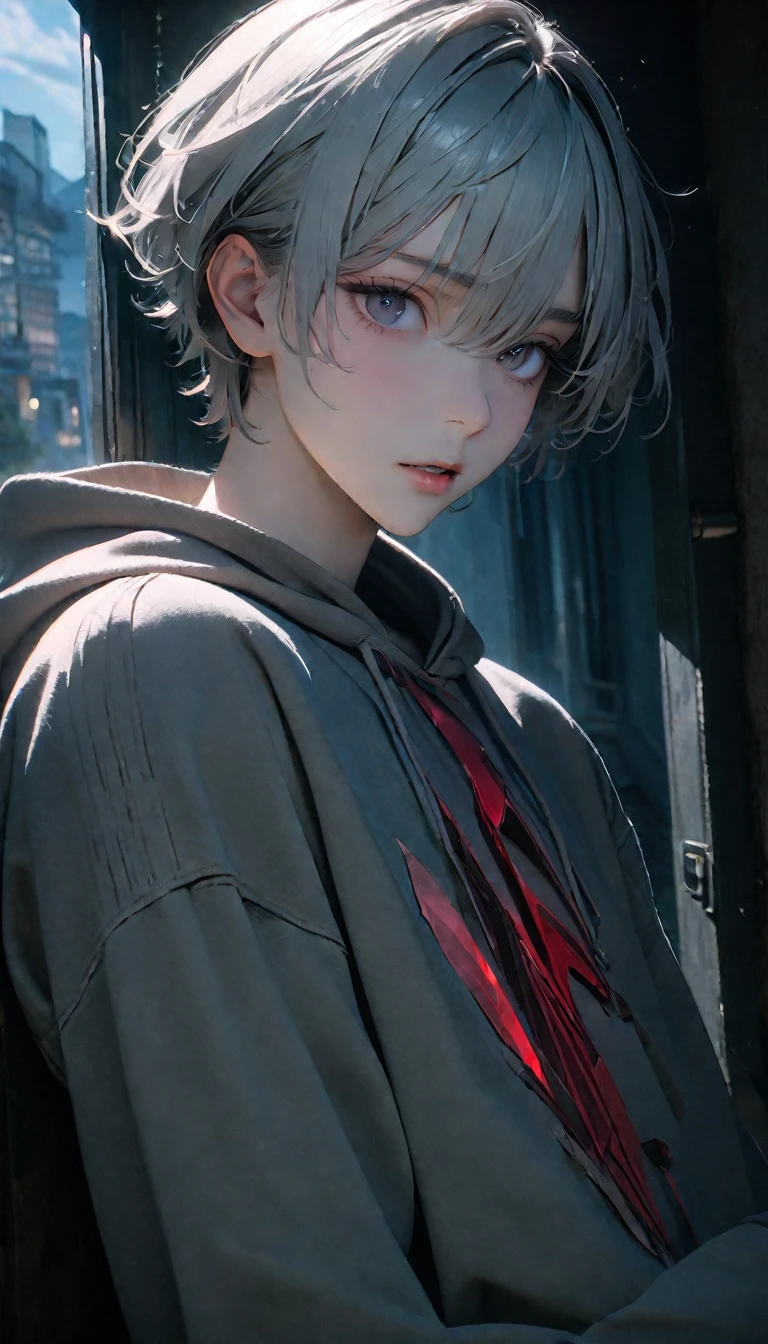 (8K, RAW photos, best quality, masterpiece: 1.4), (((The world is like a broken mirror)))，Ultra-high resolution, Extremely detailed, light, Panorama close-up, handsome boy, black eyes, (delicate eyes, Eyes are bright:1.2), Gray short hair, Fair skin,dark, Grey sweatshirt, sweatshirt with hood,(perfect anatomy:1.2), High-quality shadows, Natural Lighting, (White highlights:1.2), night, cloudy day, (at home:1.2), (The world is broken:1.2)