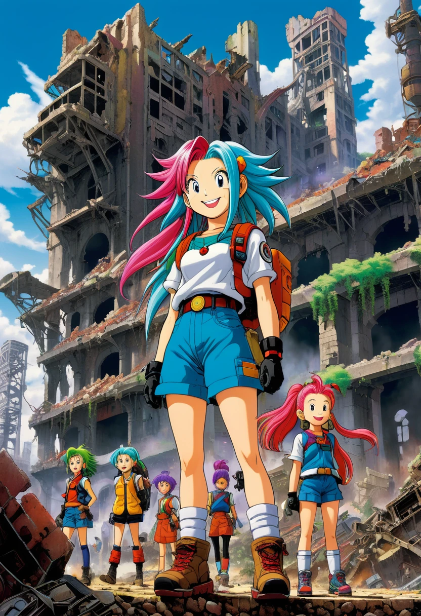 "A high school girl with her friends in Akira Toriyama's ruined city. Colorful hair, mechanical accessories, and a smile that symbolizes hope amid the ruins."
