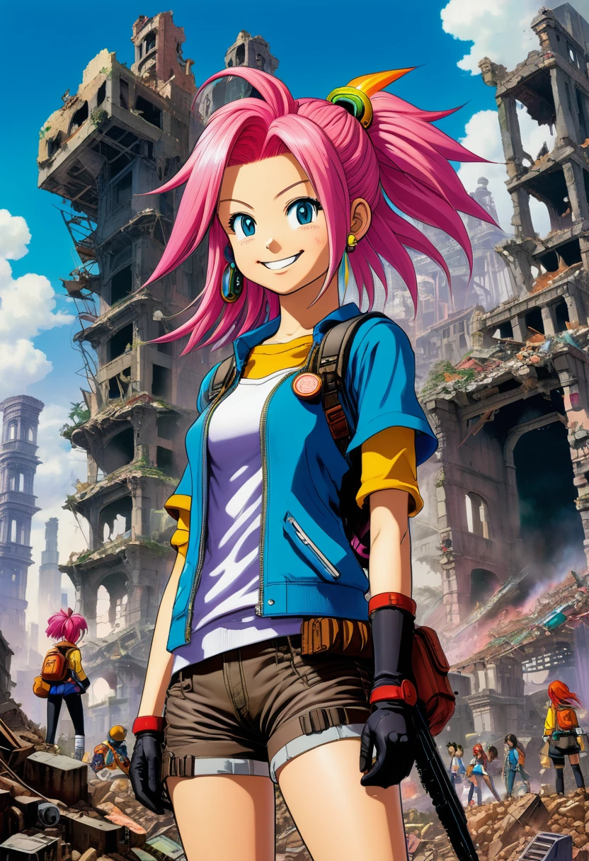 "A high school girl with her friends in Akira Toriyama's ruined city. Colorful hair, mechanical accessories, and a smile that symbolizes hope amid the ruins."