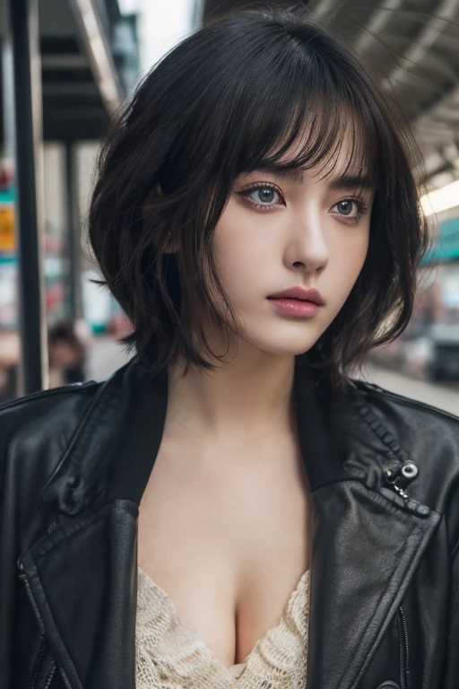 (award winning, 8k, super detailed, high resolution, best quality, photography, portrait), 1girl, solo, beautiful girl, beautiful eyes, detailed eyes, (black eye), jacket, short hair, black hair, at bus station, POV, ((upper body))