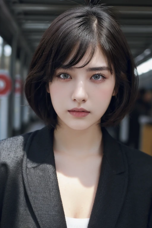 (award winning, 8k, super detailed, high resolution, best quality, photography, portrait), 1girl, solo, beautiful girl, beautiful eyes, detailed eyes, ((black eye)), light blue dress, short hair, black hair, off shoulder ocean background, POV, pretty lipstick.