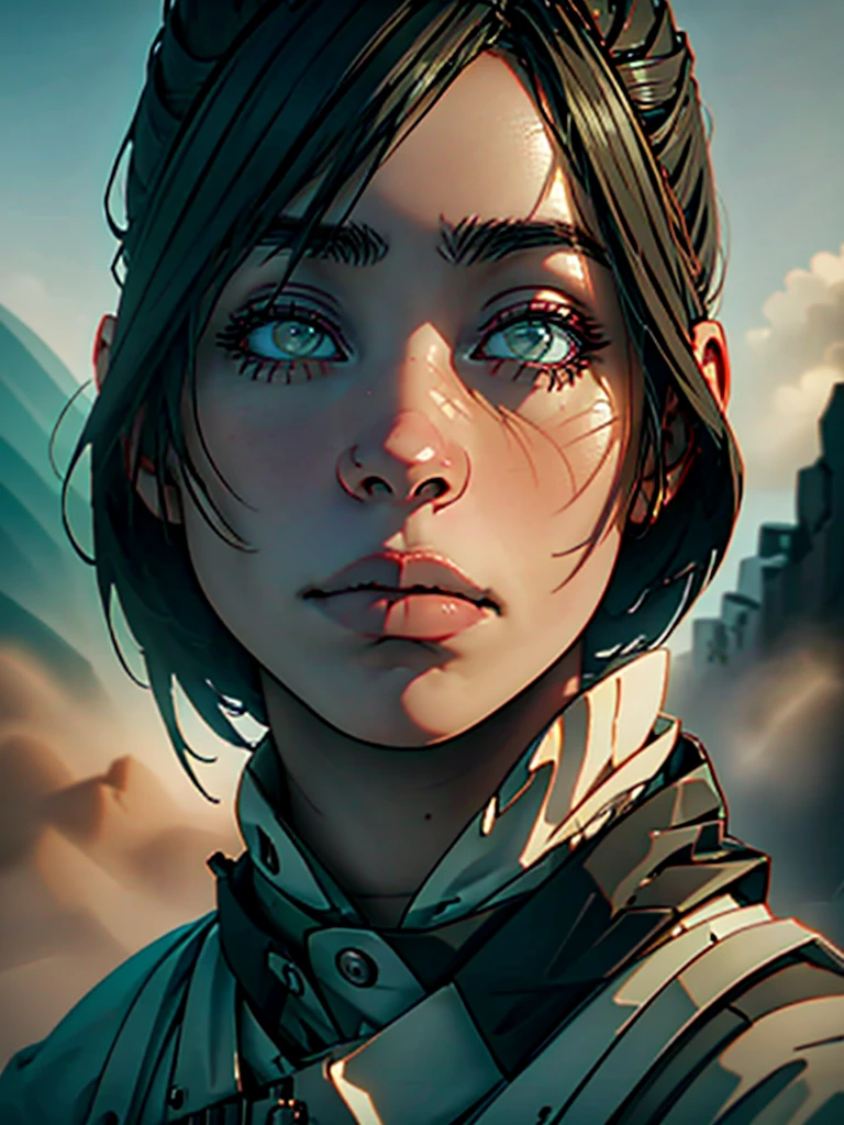 A detailed portrait of a beautiful young woman with short brown hair, pale skin, wearing green and brown clothes, with striking white eyes, (best quality,4k,8k,highres,masterpiece:1.2),ultra-detailed,(realistic,photorealistic,photo-realistic:1.37),hyperrealistic,extremely detailed facial features,detailed eyes,intricate makeup,natural lighting,warm color tones,cinematic lighting,chiaroscuro lighting,dramatic shadows,ambient occlusion,volumetric lighting,photorealistic skin texture,flowing fabric,environmental details