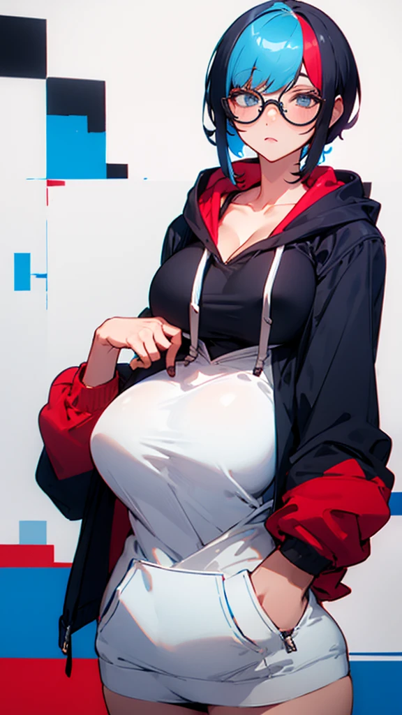 (Hair color: red and blue two-tone color)short hair glasses hoodie