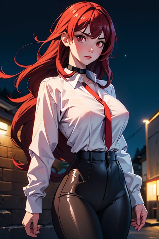 A girl, White skin, long dark red hair, red eyes, wearing a long sleeve white button up shirt, big breasts, The nipples on the chest shine, shiny black tight leggings, alley, evening, Moonlight, absurd, high resolution, ultra-sharp, 8k, Masterpiece, looking at the viewer