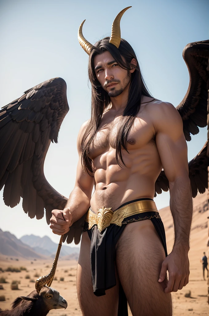 Handsome man goat horns with golden eagle wings.The man has an erect penis, 9k de eesolucao