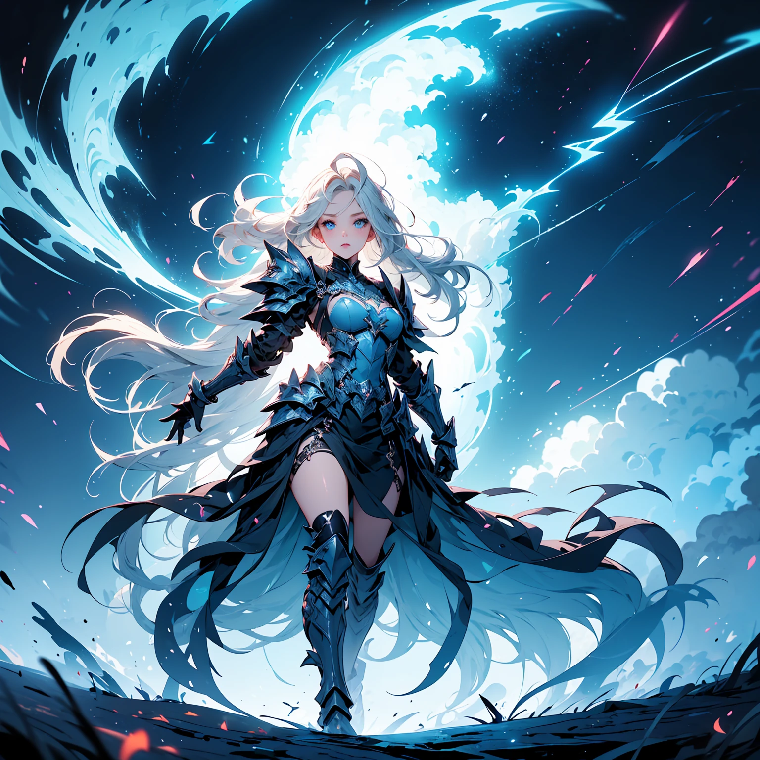 ((full body shot)) of a girl in electrifying, futuristic armor with sleek silver and blue accents, soaring through a stormy, electrified sky. She has short, spiky platinum blonde hair and piercing, electric blue eyes. Her skin has a faint, radiant glow, and she is adorned with intricate lightning bolt motifs. She holds a magnificent staff crackling with arcs of lightning, emitting a powerful, electric aura. The atmosphere is {charged|awe-inspiring}, with thunderclouds and bolts of lightning illuminating the scene. The ground beneath her is charged with static electricity, creating a shimmering effect and adding to the electrifying ambiance. Surrounding her are swirling storm clouds and bursts of lightning in shades of {blue|white}, casting a dynamic, electrical glow. As she flies, she effortlessly manipulates the lightning bolts with her outstretched hand, showcasing her mastery over electricity. The background features towering, swirling storm formations and glimpses of a distant, lightning-lit castle, hinting at a kingdom ruled by thunder and lightning. The scene is intense and majestic, with her face showing a confident yet serene expression, her eyes focused intently on harnessing her power.

[Best quality], [Masterpiece], [Ultra-detailed], [4k], {charged|awe-inspiring} atmosphere, stormy sky, {dynamic pose|commanding pose}, electrified illumination, {soft shadows|dramatic lighting}, {charged ground:0.7}, {swirling storm clouds:0.6}, {bursts of lightning:0.5}, {storm formations:0.4}, {lightning-lit castle:0.3}.