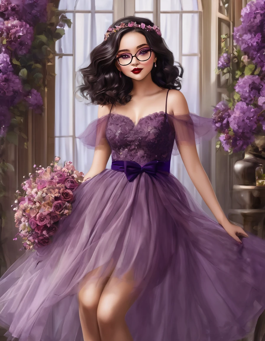 Beautiful girl height 1 ,55 chubby with shoulder length black wavy hair wearing small oval transparent glasses wine lipstick brown eyes wearing a wine tulle dress above the knee with a violet bouquet in her hands
