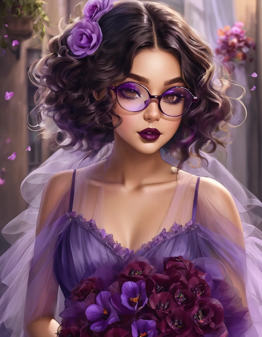 Beautiful girl height 1 ,55 chubby with shoulder length black wavy hair wearing small oval transparent glasses wine lipstick brown eyes wearing a wine tulle dress above the knee with a violet bouquet in her hands
