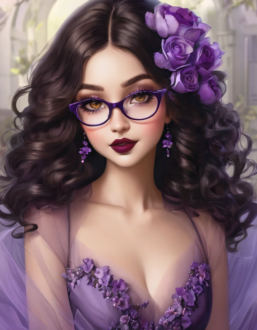 Beautiful girl height 1 ,55 chubby with shoulder length black wavy hair wearing small oval transparent glasses wine lipstick brown eyes wearing a wine tulle dress above the knee with a violet bouquet in her hands