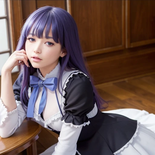 (8K, RAW photo, best quality, masterpiece:1.2), (realistic, photo-realistic:1.4), (extremely detailed 8K wallpaper),Beautiful Face,1girl,Frederica Bernkastel, purple hair,dress, bowtie, mary janes,purple eyes,whole body,Lower Angle、Crossing your legs、sit