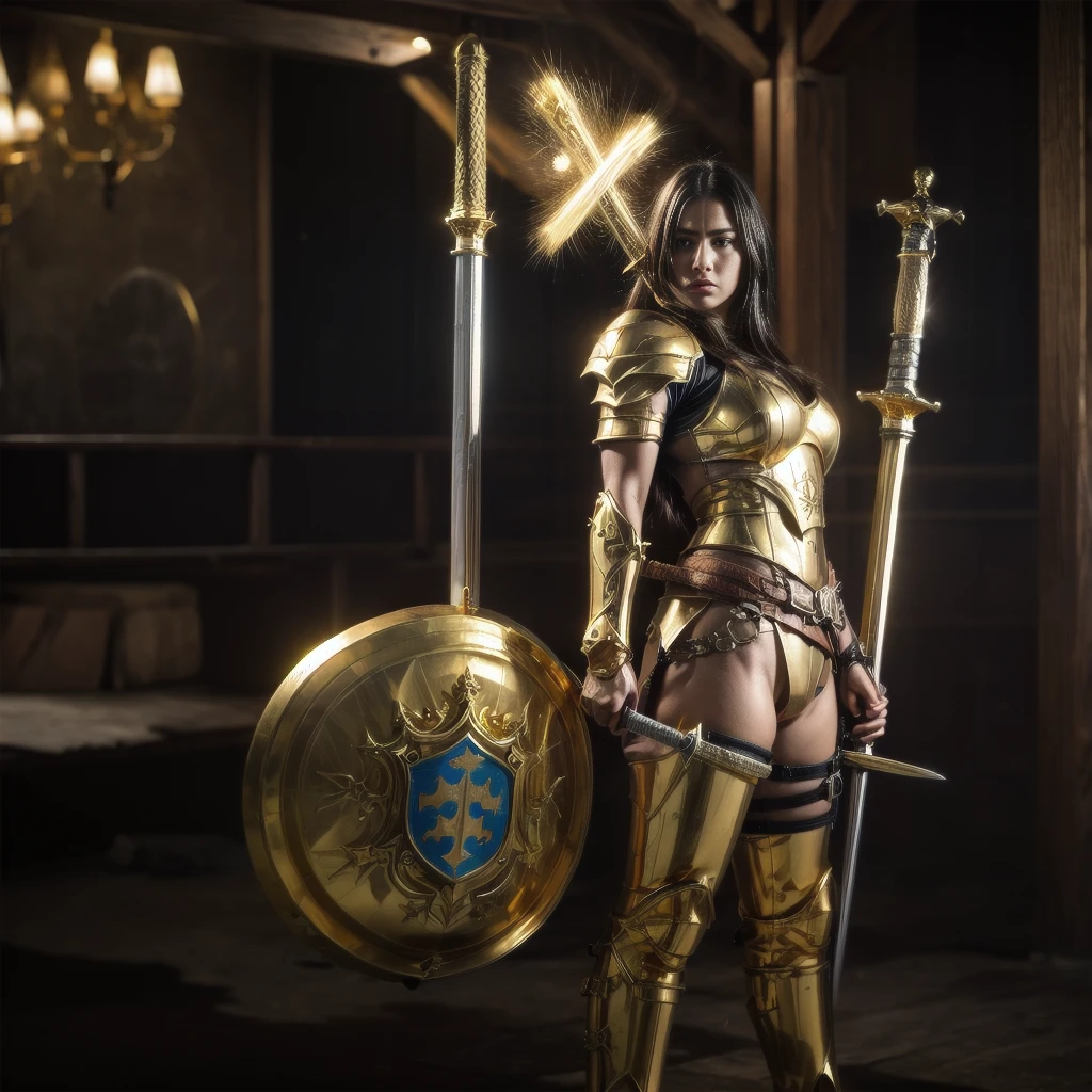 Create a gold shield and sword with neon