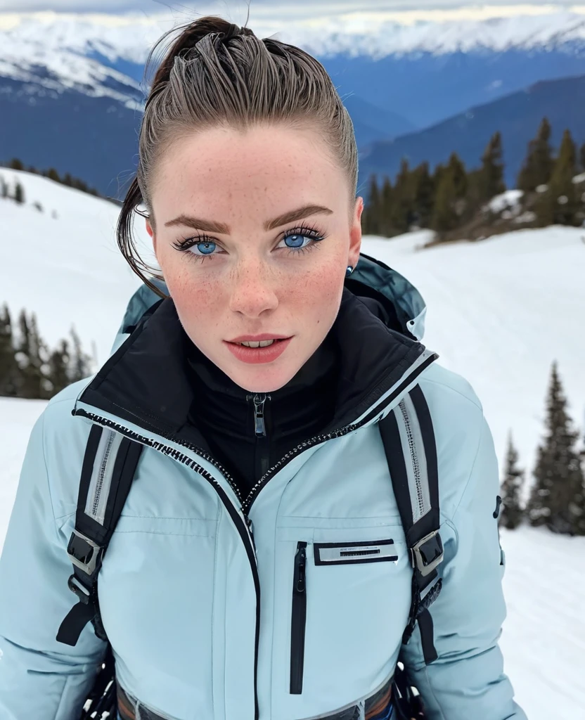Muscular college girl with large breast and a large butt, blue eyes, pale skin, freckles and a nose piercing with a short slicked back men’s haircut with both sides of her head shaved wearing a ski jacket and snow pants standing on skis on a snowy mountain