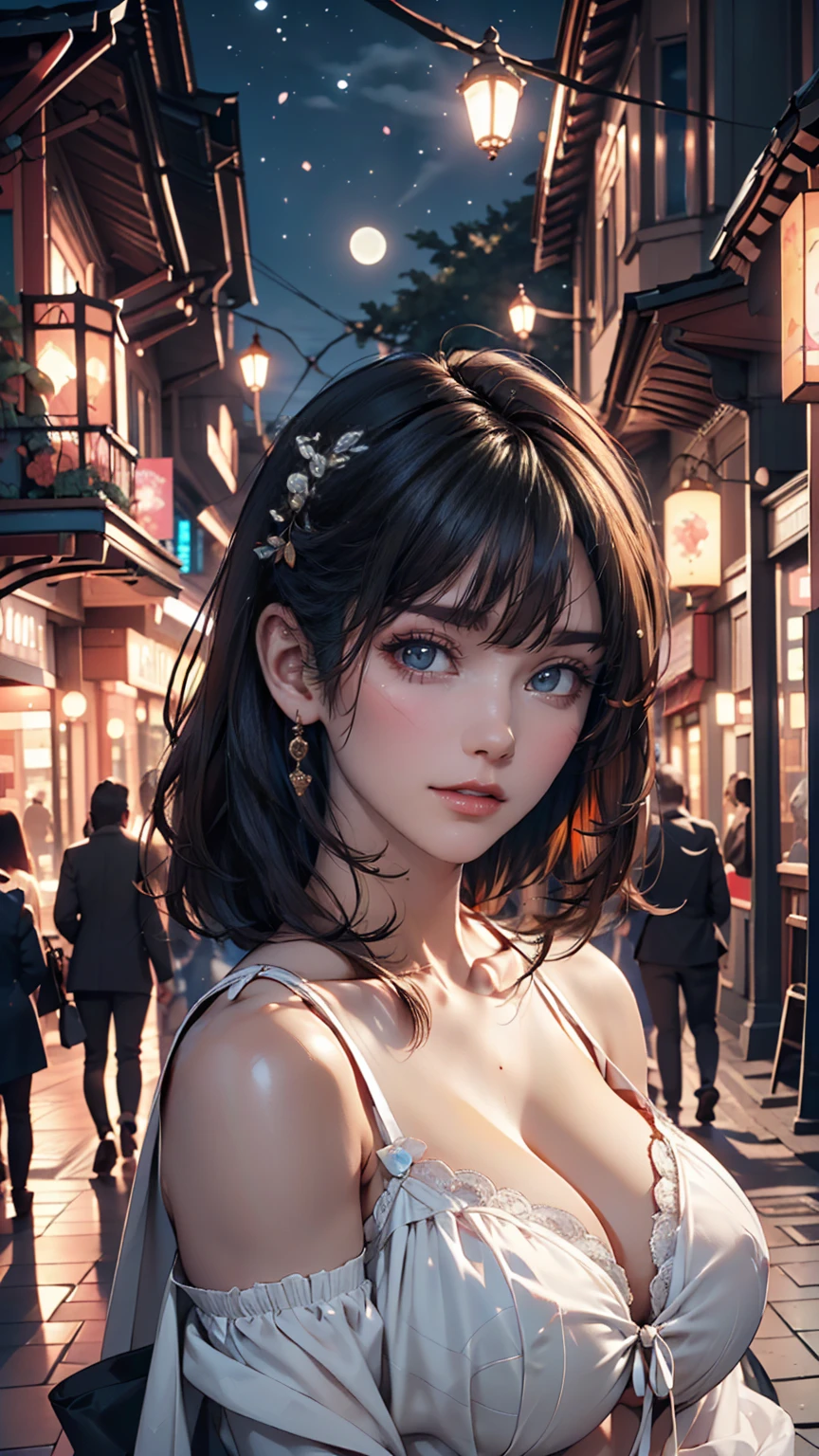 masterpiece, Highest quality, Miranda, (Half Body Shot,Street lamp,moon),masterpiece, One girl, Solo Exhibitions, Beautiful woman on a busy street, Surrounded by peddlers, Beautiful Goddess Girl Portrait, Beautiful and elaborate face, Porcelain-like skin, (((Bust Shot, center, night, Black Hair, short hair)), Very soft lighting, Symmetric, complicated, grace, Attention to detail, realism, art, concept art,