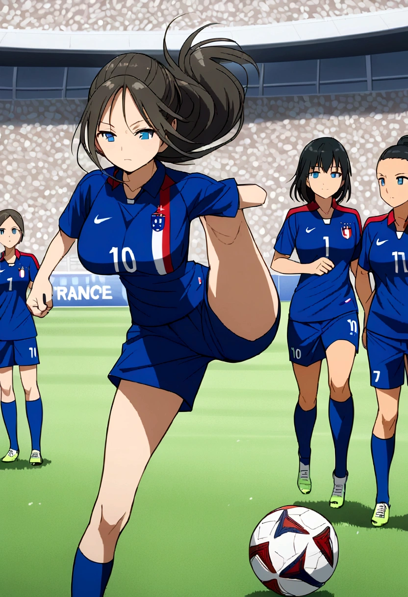 ((anime)),((2D)),Women,soccer player,clear skin,thin face ,blue eyes,black hair,wide,fringe,standard height,collected in a queue,big breasts,small waist,long legs,France national team uniform,In a soccer field,kicking the ball.