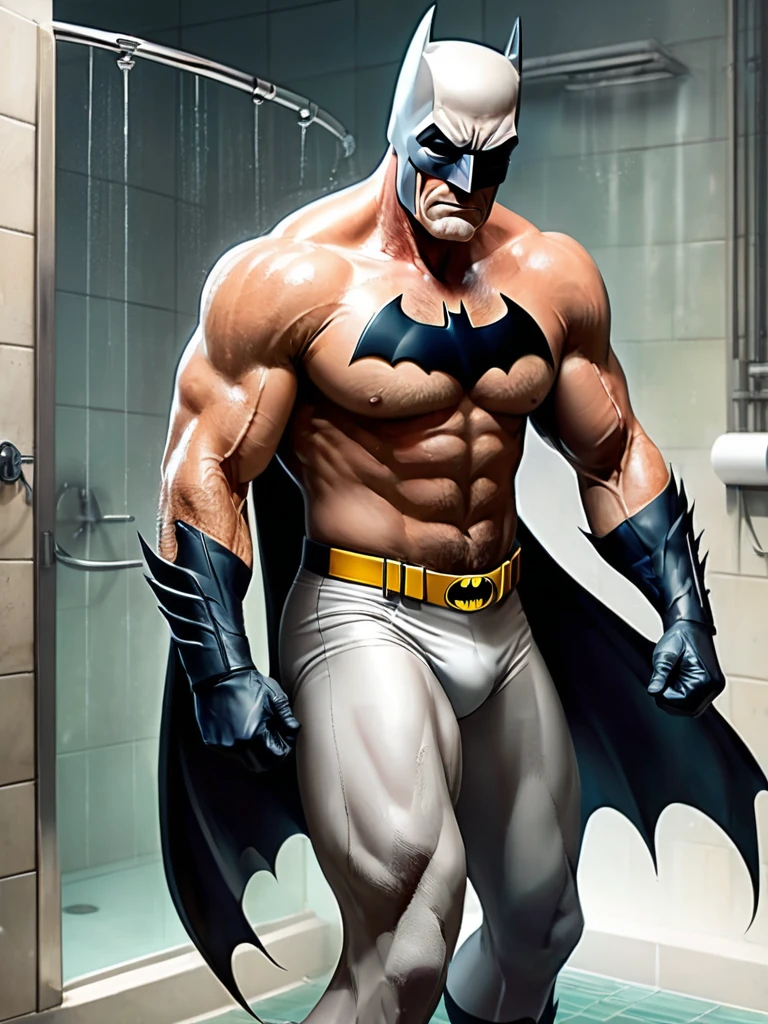 score_9, score_8_up, score_7_up, score_6_up, score_5_up, score_4_up , ,photo realistic,
Alfred (butler, intelligent, gentlemanly, slim, in his 60s) and Batman (hairy, muscular, tall, body covered in scars) wearing only a mask embrace each other in the shower in white briefs