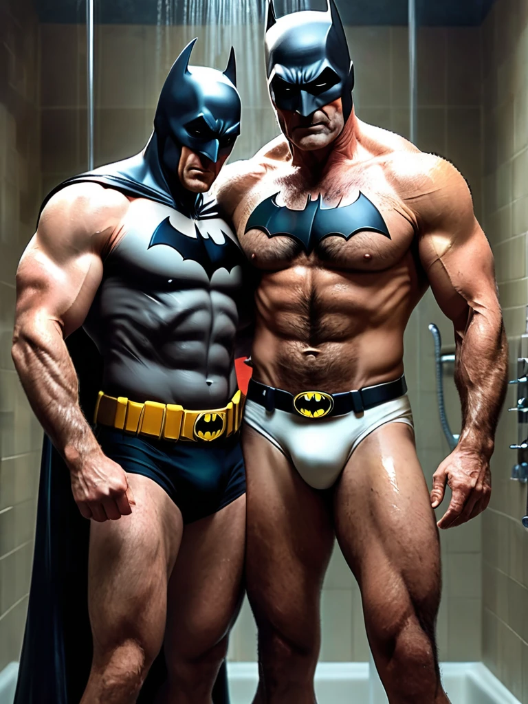 score_9, score_8_up, score_7_up, score_6_up, score_5_up, score_4_up , ,photo realistic,
Alfred (butler, intelligent, gentlemanly, slim, in his 60s) and Batman (hairy, muscular, tall, body covered in scars) wearing only a mask embrace each other in the shower in white briefs