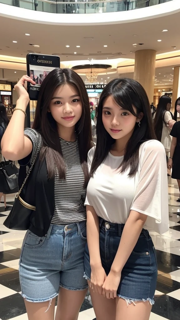 Indonesian girl 20-year-old  Hairstyle Casual, wearing  fashion rich clothes in mall selfie with her friend