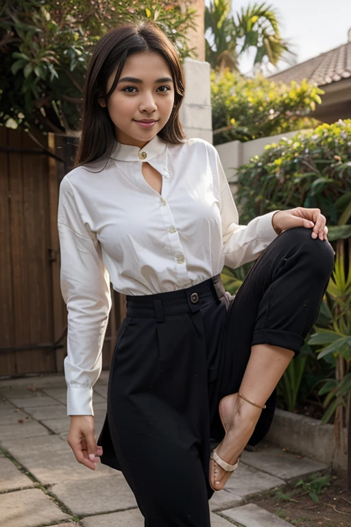a 40 year old Indonesian woman wears glasses, with a height of 165cm, Has black hair(in a ponytail), pale skin, Small hanging breasts , a pot belly, Big thigh, big waist and wide hips, look at viewer, wearing see-through shirt, black pleated skirt