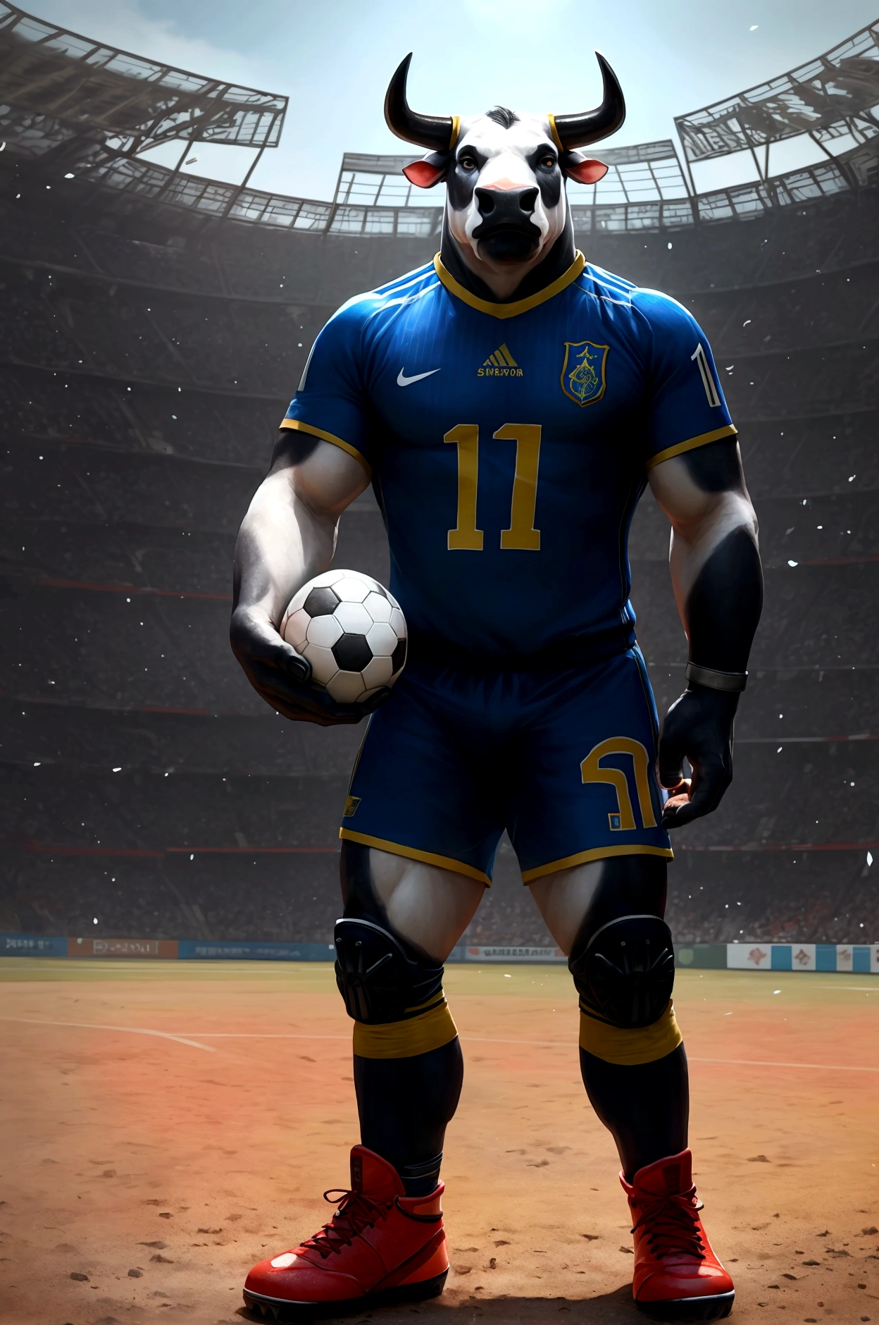 Realistic Anthro Bull in Battlefield, wearing short sleeved soccer jersey and technological soccer boots that reaches knees, (holding tight a soccer ball on hand), epic, full body view