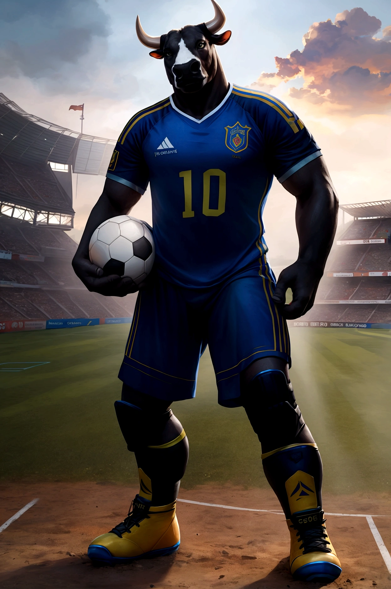 Realistic Anthro Bull in Battlefield, wearing short sleeved soccer jersey and technological soccer boots that reaches knees, (holding tight a soccer ball on hand), epic, full body view