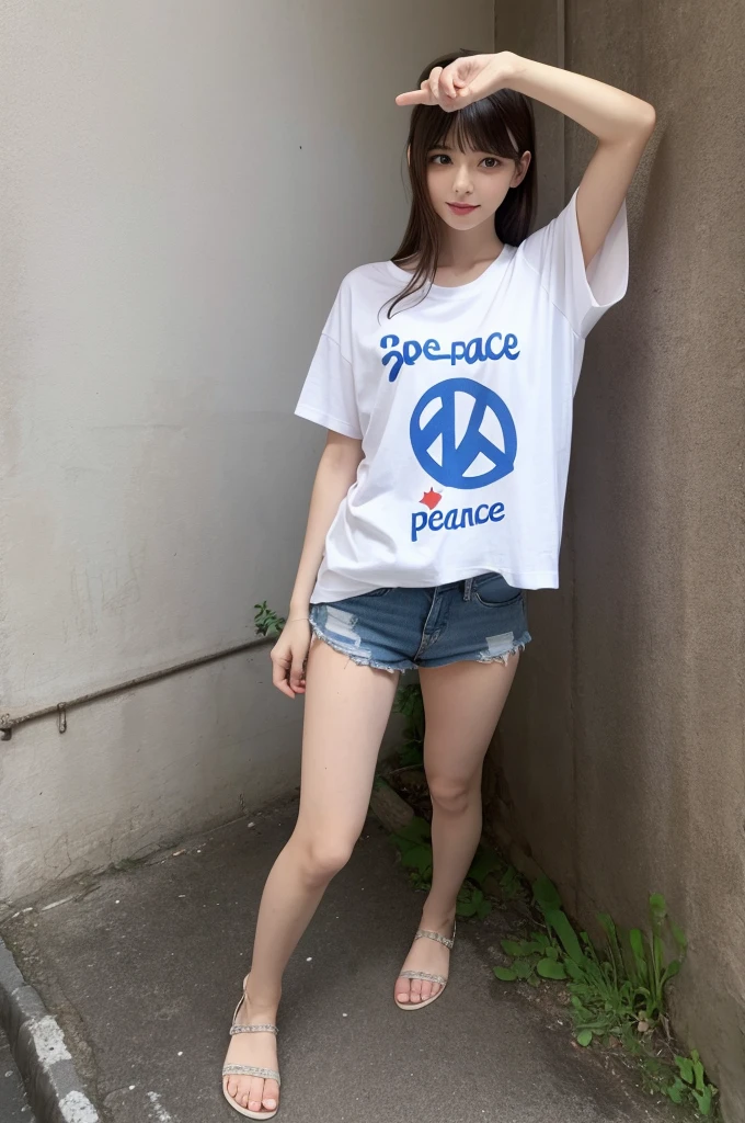 Wearing a T-shirt, the lower half of the body is naked, gal peace sign