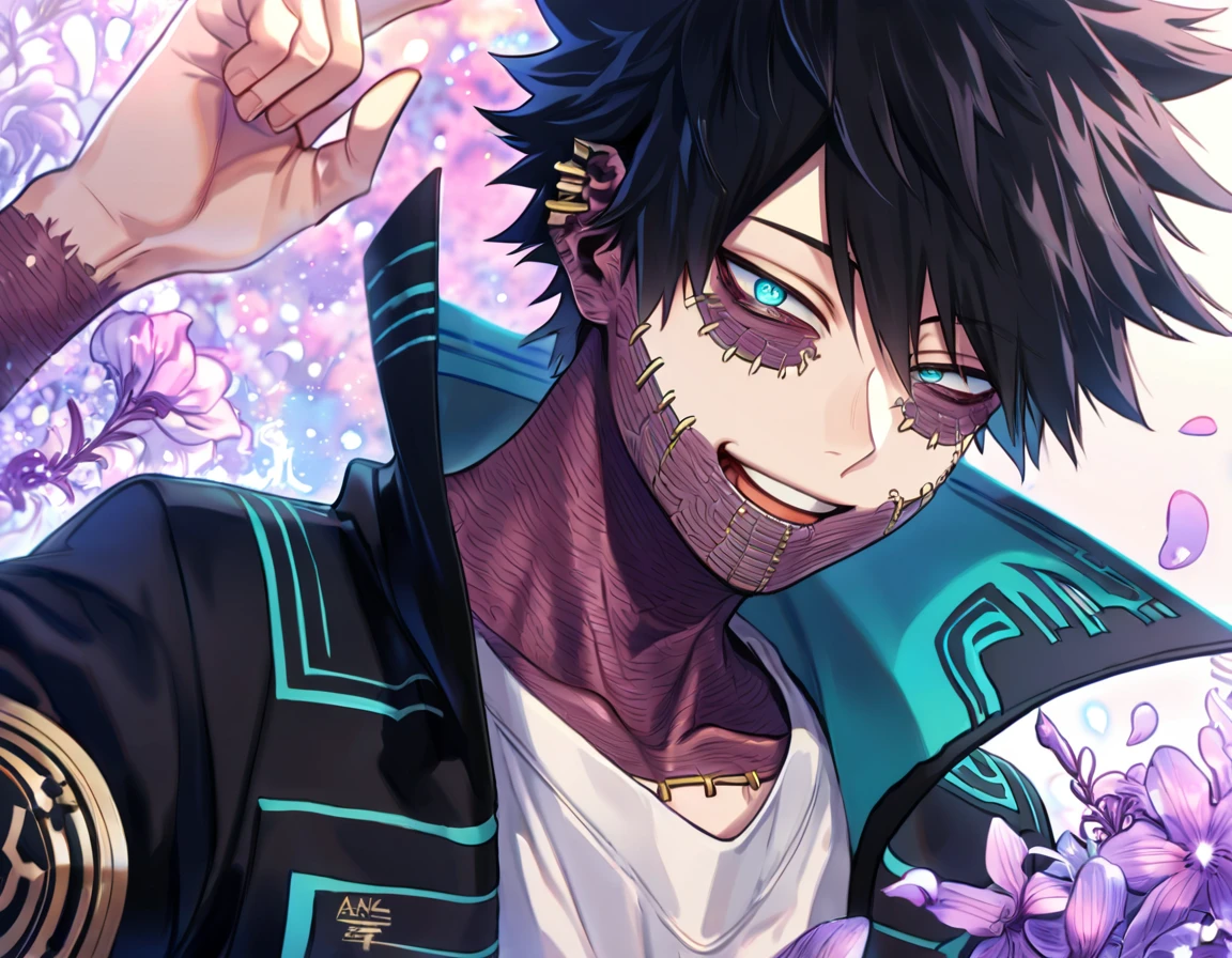 absurdres, highres, ultra detailed, HDR, master piece, best quality, Dabi, black hair, expressive turquoise eyes, Boku No Hero Academia, solo, sexy man, handsome, black coat with high collar, white T-shirt, smiling, fantasy, purple moon, purple flowers, purple blossoms, purple petals, fireflies 